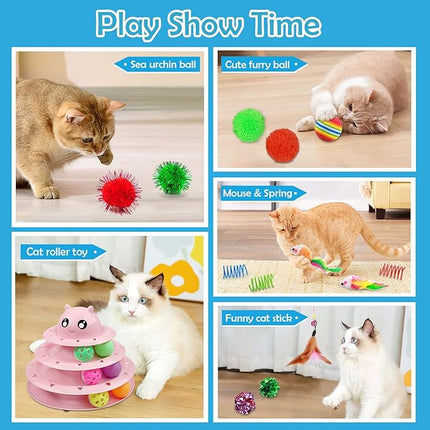 UPSKY 20 PCS Cat Roller 3-Level Turntable Set with Teaser, Mice, Spring and Balls Toys for Indoor Kittens