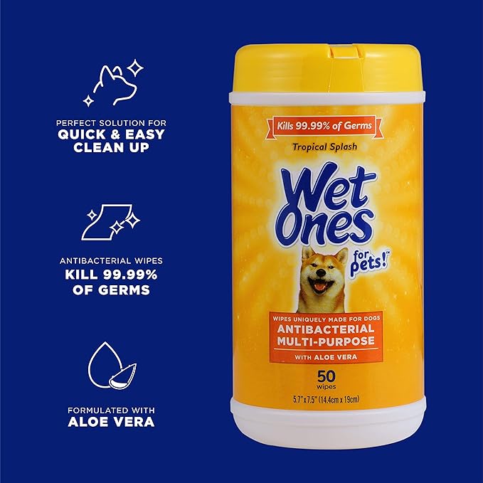 Wet Ones for Pets Multipurpose Dog Wipes with Aloe Vera, Tropical Splash Scent - Pet Bathing Wipes in Canister for Dog Paws & All Over Use, 50 Count - 3 Pack