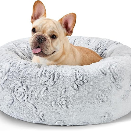 Dog Calming Beds for Small Medium Large Dogs - Round Donut Washable Puppy Dog Bed, Anti-Slip Faux Fur Fluffy Donut Cuddle Anxiety Cat Pet Bed (24" Rose)