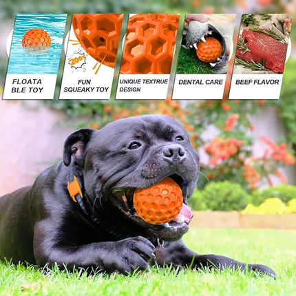 Squeaky Dog Balls, Indestructible Dog Toys for Aggressive Chewers Large/Medium Breed, Natural Rubber Interactive Chew Toys for Teeth Clean, Relieves Anxiety (Orange)