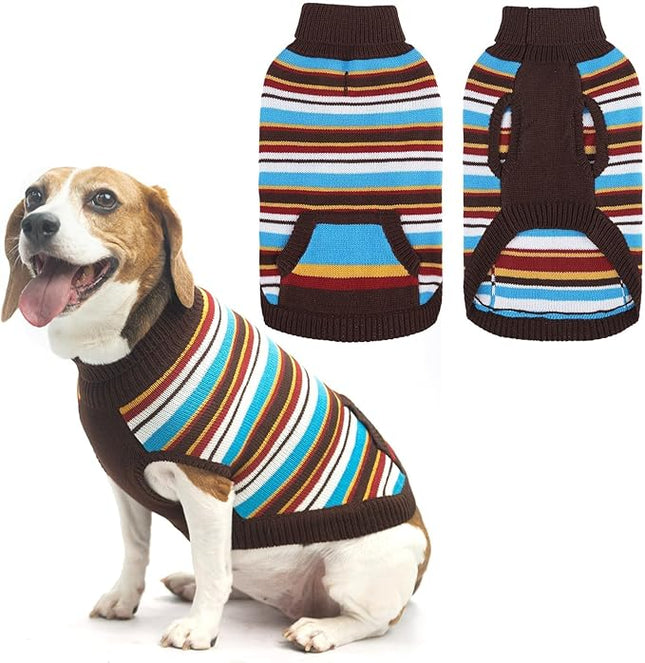 BINGPET Turtleneck Dog Sweater for Small Medium Large Dogs Boy or Girl,Warm Knitted Pullover Pet Sweaters,Colorful Striped Puppy Sweater with Cute Pocket,Great Gift for Pet in New Year(Brown,XS)