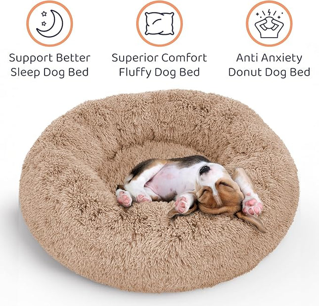 Donut Dog Bed - Premium Comfort for Anxiety Relief - Fluffy & Calming Design with Ultra-Plush Support | Cozy Round Dog Bed with Super Soft Circle Style (Camel, Large)