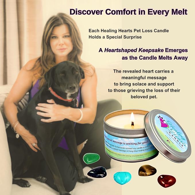Pet Perennials Healing Hearts Pet Memorial Candle with Keepsake Heart Stone – Remembrance Candle for Loss and Sympathy – Soy Candles with Hidden Feng Shui Stone