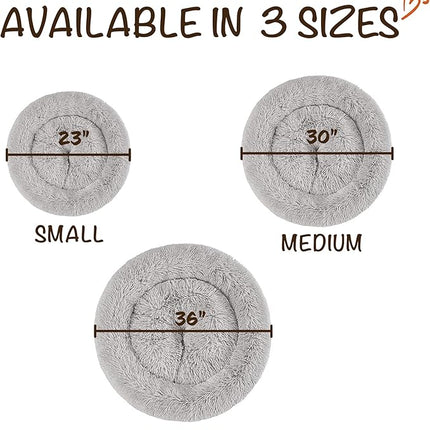 Friends Forever Donut Dog Bed Faux Fur Fluffy Calming Sofa For Small Dogs, Soft & Plush Anti Anxiety Pet Couch For Dogs, Machine Washable Coco Pet Bed with Non-Slip Bottom, 23"x23"x6" Grey