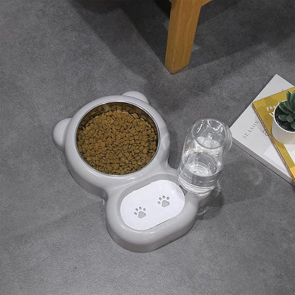 Dog Bowls, Cat Food and Water Bowl Set with Water Dispenser and Stainless Steel Bowl for Cats and Small Dogs - Grey