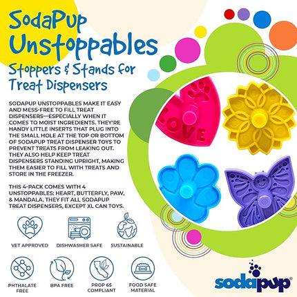 SodaPup Unstoppables – Stoppers & Stands for Treat Dispensers Made in USA from Non-Toxic, Pet Safe, Food Safe Nylon Material to Make Filling Treat Dispensers Easy & Mess-Free – 4 Pack