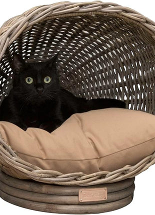 CBD1001A Socket Dome 19.5" x 17" Bohemian Handwoven Rattan Cat Bed with Machine-Washable Cushion, Kubu Gray