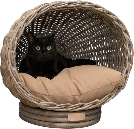 CBD1001A Socket Dome 19.5" x 17" Bohemian Handwoven Rattan Cat Bed with Machine-Washable Cushion, Kubu Gray