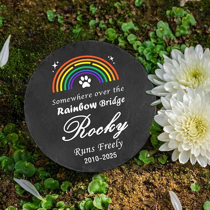 Ships Next Day Personalized Pet Memorial Stone for Loss of Dog Cat, Custom Photo Name Memory Headstone Garden Grave Marker Bereavement Sympathy Gift