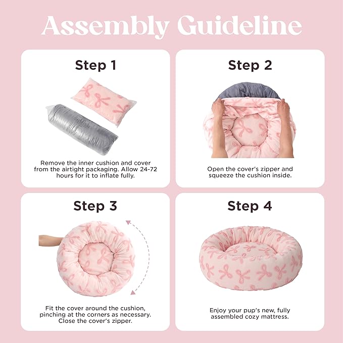 LE SURE Donut Small Dog Bed - Round Cat Beds for Indoor Cats, Washable Calming Pet Beds with Teddy Sherpa Plush & Anti Slip Bottom (Bow Pink Taffy, S Plus (27x27x8))