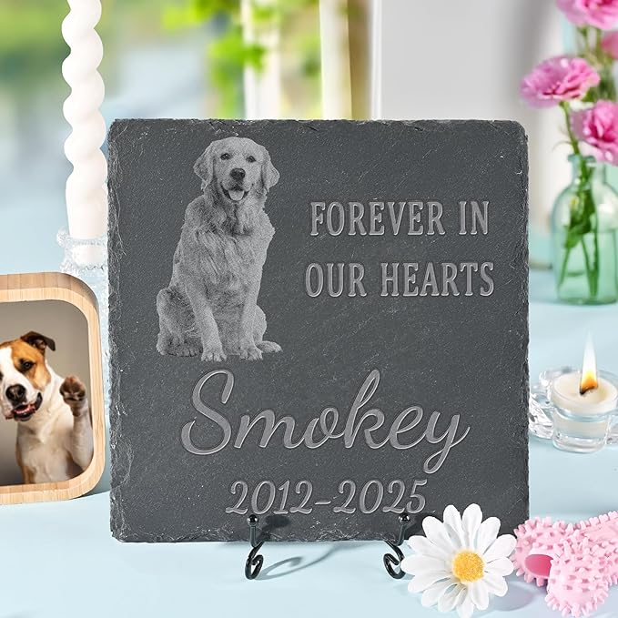 Pet Memorial Stone with Photo, Dog Memorial Gifts for Loss of Dog, Personalized Pet Memorial Gifts, Pet Loss Gift - in Our Hearts（Square）