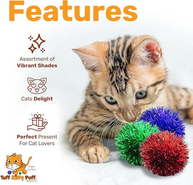 Tuff Kitty Puff Pack of 6 Jumbo 2 Inch Sparkle Tinsel Balls for Cats – Assorted Colors, Interactive Exercise Toys for Indoor Cats & Kittens, Lightweight Durable Balls for Chasing & Batting Play