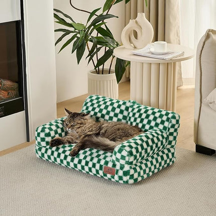 Hollypet Fluffy Plush Pet Cat Couch Soft Calming Pet Sofa Beds for Medium Small Cats and Dogs, Forest Green and White