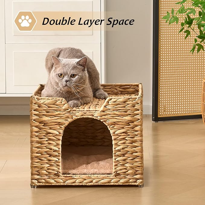 Cat Houses for Indoor Cats, Handwoven Cat Cave Pet Cube, Natural Pet Cat House, Cat Beds with Double-Sided Mat, Cat Condo Hideaway in Living Room Bedroom