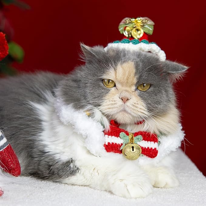 Christmas Cat Costume, Handmade Dog Holiday Outfit with Christmas Tree Hat & Wreath Scarf Set, Adjustable, Lightweight & Breathable, Pet Accessories for Xmas Party & Photos
