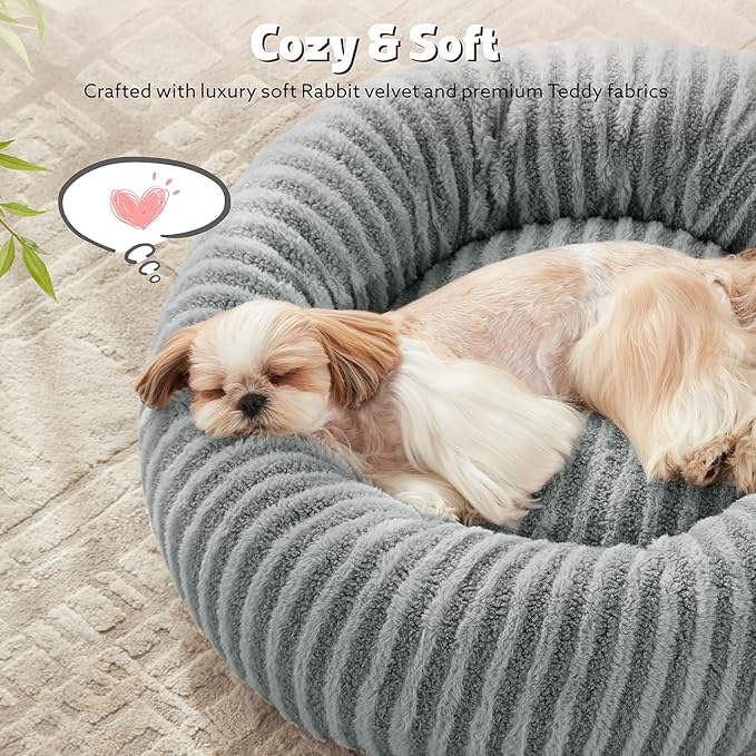 MIXJOY Dog Donut Bed for Small Dogs, Washable Donut Small Puppy Bed, Cute Dog Beds with Anti Slip Bottom, Calming Cat Beds with Removable Zipper Cover, 23"x23"x8", Grey