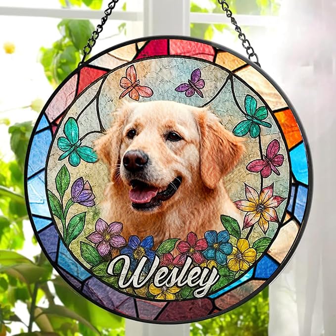 Gabita Custom Pet Portrait Stained Glass Window Hanging, Memorial Dog Portrait Art Light Catcher, Dogs Ornament Christmas Tree, Dog Sympathy Gift, Pet Memorial Ornament