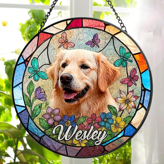 Gabita Custom Pet Portrait Stained Glass Window Hanging, Memorial Dog Portrait Art Light Catcher, Dogs Ornament Christmas Tree, Dog Sympathy Gift, Pet Memorial Ornament