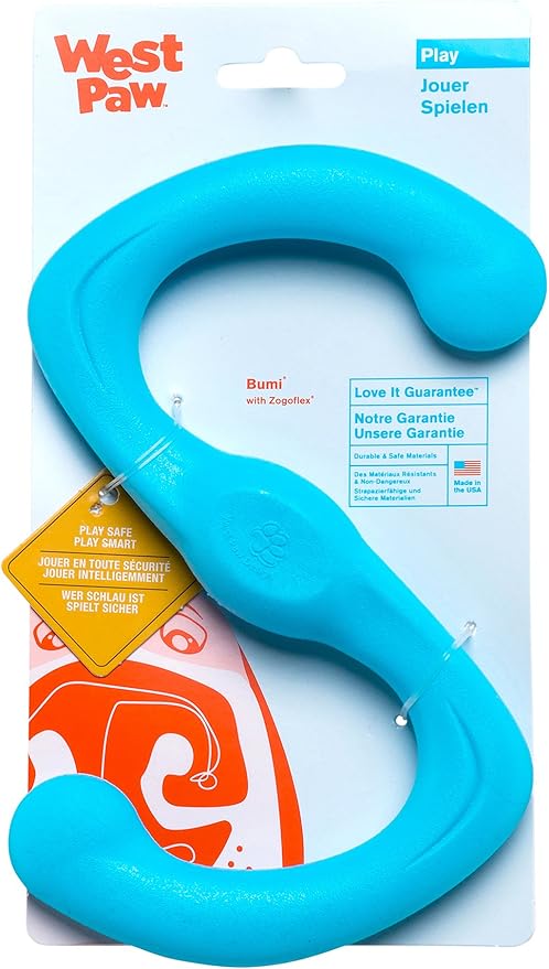 WEST PAW Zogoflex Bumi Dog Tug Toy – S-Shaped, Lightweight Chew Toys for Fetch, Play, Pet Exercise – Tug of War Soft Flinging Squishy Chewy Toy for Dogs – Guaranteed, Latex-Free, Small 8", Aqua Blue