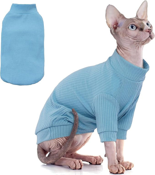 PUMYPOREITY Cat Clothes, Stretchy Cat Shirt, Cat Sweater with Sleeves, Sphynx Cat Clothes, Soft Cat Shirts for Cats Only, Pullover Cat Pajama for Sphynx Hairless Cat, Devon Rex, Blue, S
