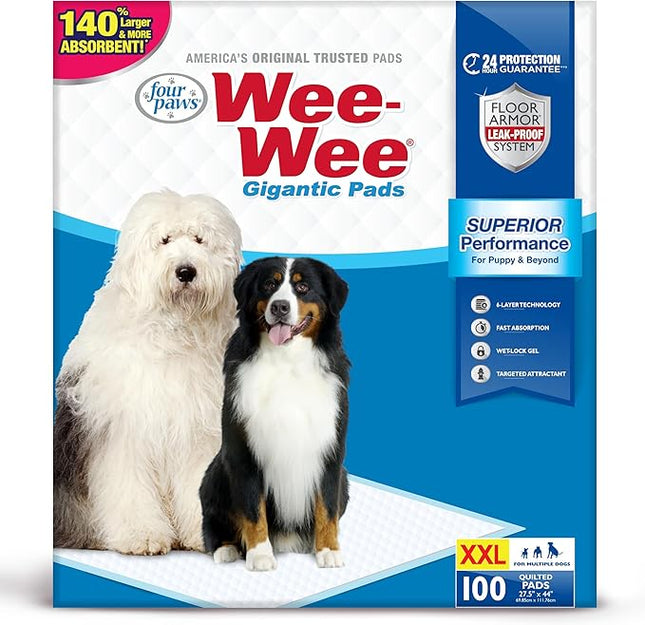 Four Paws Wee-Wee Superior Performance Unscented Large Pee Pads for Dogs & Puppies, Quilted Leak-Proof Dog Housebreaking Potty Training Floor Protection, 27.5" x 44", 100 Count