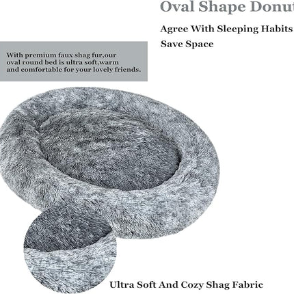 Coohom Oval Calming Donut Cuddler Dog Bed,Shag Faux Fur Cat Bed Washable Round Pillow Pet Bed(30"/36"/43") for Small Medium Dogs (L(30"x24"x7"), Grey)