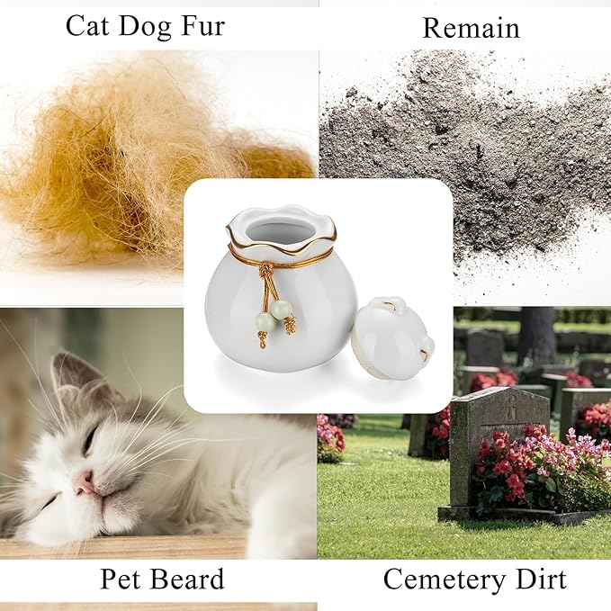 SOITIS Engraving Customized Pet Memorial Urn for Cat or Dog Ashes - 3.54"x3.15" Elegant Ceramic Keepsake Holder with Cat-Shaped Lid & Gold Trim, Small White Urn for Pet Ashes