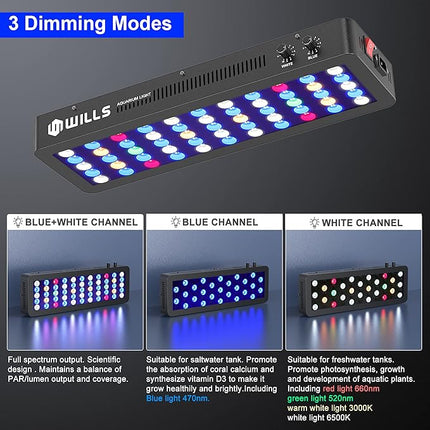 WILLS Full Spectrum Aquarium Light, Reef Lights for Coral with Dual Dimmable Channels, 55 Premium SMD Chips, Daisy Chain Design, Hanging Saltwater Fish Tank Light for SPS/LPS Coral Reef (165W/Black)