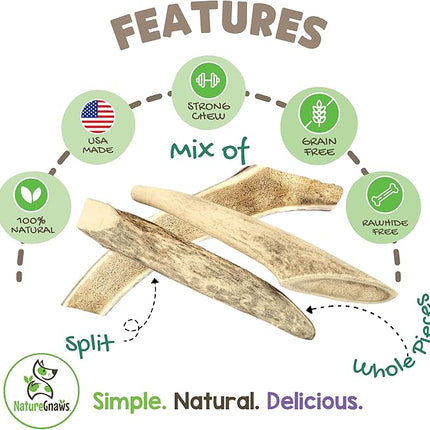 Nature Gnaws USA Deer Antlers for Dogs 4-7" (3 Count) - Mix of Split and Whole Pieces - Long Lasting for Small and Medium Breeds - Natural Dog Chew Bones