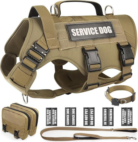 WINSEE Tactical Dog Harness with Dog Leash, Dog Collar, Service Working MOLLE Vest with 10 Pet Patches for Large Dog, No Pull Military Harness and Backpack with Airtag Holdler
