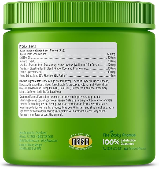 Zesty Paws Dog Allergy Relief - Anti Itch Supplement - Omega 3 Probiotics for Dogs - Salmon Oil Digestive Health - Soft Chews for Skin & Seasonal Allergies - with Epicor Pets – Hemp - 90 Count…