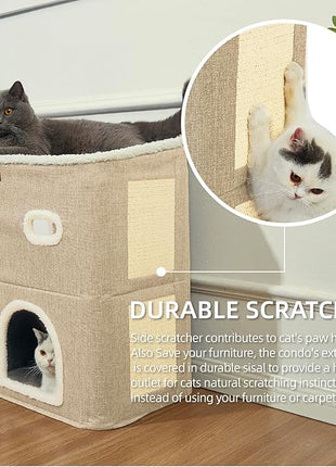 CATBOAT 2-Storey Cat House for Indoor Cats Bed, Covered Beds & Furniture with Scratch Pad and Hideaway Cave, Cute Modern Condo for Multi Small Pet Large Kitten Kitty, Brown