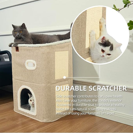 CATBOAT 2-Storey Cat House for Indoor Cats Bed, Covered Beds & Furniture with Scratch Pad and Hideaway Cave, Cute Modern Condo for Multi Small Pet Large Kitten Kitty, Brown