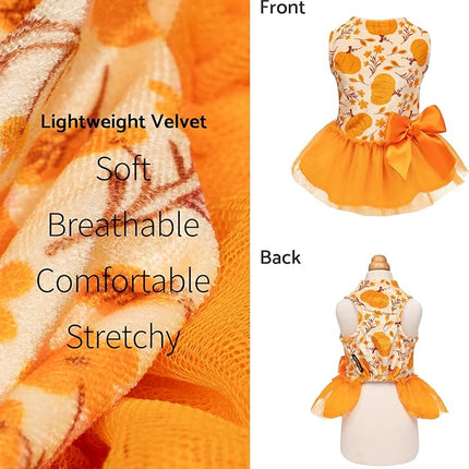 Fitwarm Pumpkin Flower Dog Dress, Thanksgiving Outfit for Small Dogs Girl, Fall Pet Outfit, Beige, Orange, XS