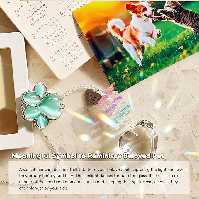 Pet Memorial Suncatcher - Loss of Dog Sympathy Gift, Pet Memorial Gifts for Dogs, Thoughtful Dogs and Cats Bereavement Remembrance Gifts, Gemstone Paw Crystal Suncatcher(Jade)