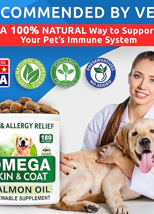 Omega 3 for Dogs and Cats - 180 Fish Oil Treats for Dog Shedding, Skin Allergy, Itch Relief, Hot Spots Treatment - Joint Health - Skin and Coat Supplement - EPA & DHA Fatty Acids - Salmon Oil - Bacon