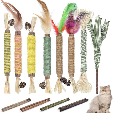 Bissap 16 PCS Silvervine Chew Sticks for Cats, Catnip Chew Sticks Cat Toys for Indoor Cat Kitten Teeth Grinding Interactive Feather Toys for Aggressive Chewers Dental Care