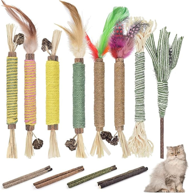 Bissap 16 PCS Silvervine Chew Sticks for Cats, Catnip Chew Sticks Cat Toys for Indoor Cat Kitten Teeth Grinding Interactive Feather Toys for Aggressive Chewers Dental Care