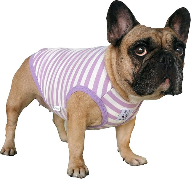 iChoue French Bulldog 100% Breathable Cotton Striped T Shirts Halloween Vest Clothes for Small Dogs Tank Tops Puppy Frenchie Pug English Boston Terrier Pitbull Purple White Stripes - Medium