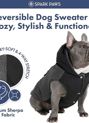 Spark Paws Reversible Fleece Dog Jacket, Hooded Sweater Vest, Warm Coat for Winter - Suitable for Small Medium Large XL XXL Dogs - Black and Grey - 2XL