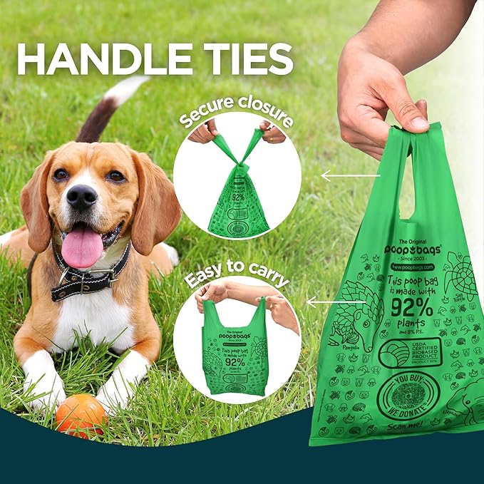 The Original Poop Bags® Tie-Handle Dog Waste Bags, 92% Plant-Based, USDA Certified, Heavy Duty, Large (240 Count (Pack of 2))