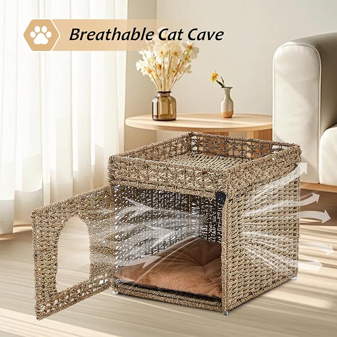 Pet Cat House, Handwoven Seagrass Cat Cave Pet Cube, Cat Beds Indoor Cat Hideaway with Double-Sided Soft Cushions Foldable for Multi Small Pet in Living Room Bedroom