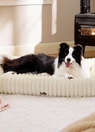 Bedsure Cute Dog Bed for Extra Large Dogs - Washable Furry XL Pet Beds, Rectangle Orthopedic Corduroy Fleece Pet Beds with Removable Zipper Cover, 43x30x8inches, Cream