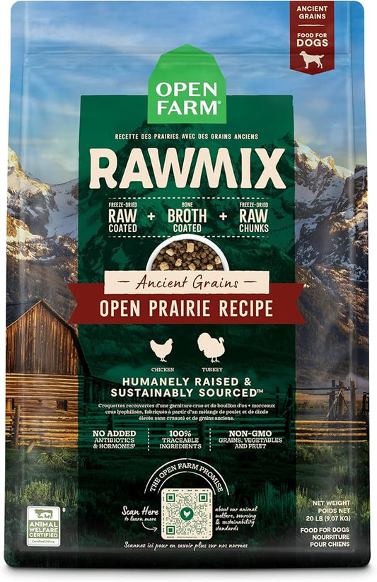 Open Farm, RawMix Dry Dog Food with Ancient Grains, Protein-Packed Kibble Coated in Bone Broth with Freeze Dried Raw Chunks, Chicken & Turkey, Open Prairie Recipe, 20lb Bag