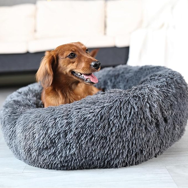 Round Calming Dog Beds for Medium Dogs 30 Inches Anti-Slip Donut Washable Plush Faux Fur Pet Bed fits up to 45 lbs Pets,Dark Gray