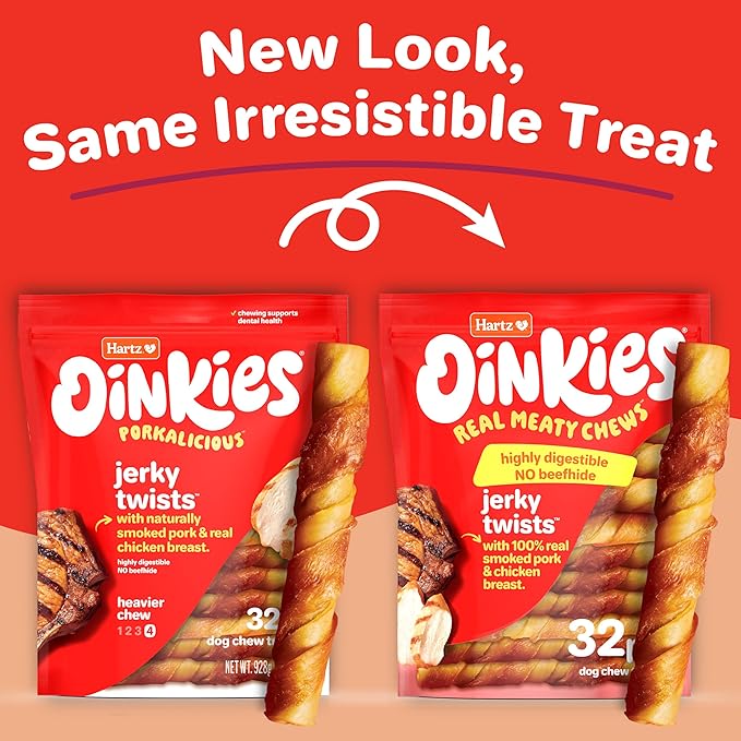 Hartz Oinkies Jerky Twists with Naturally Smoked Pork & Real Chicken Breast Dog Treats, Highly Digestible Long Lasting Dog Chews, 8 Count