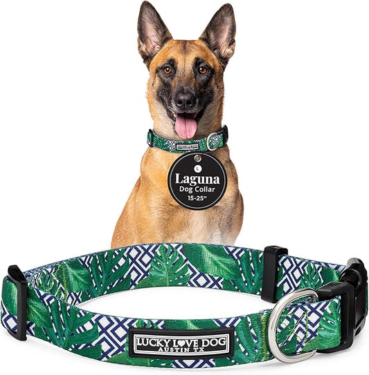 Lucky Love Dog Collar, Beautiful & Vivid Pattern Large Boy Dog Collars, Easy On & Off Clasp Accessory (Blue Laguna, L)