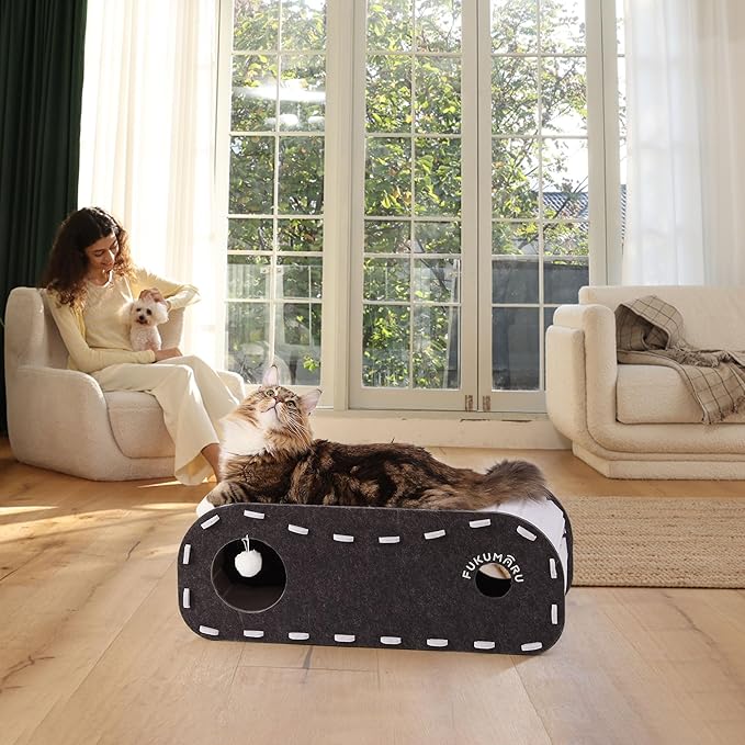 FUKUMARU Cat Beds for Indoor Pets, 31.5 Inches Extra-Large Cat Cave for Multi-Pet, Cozy House with Fluffy Ball Hanging, Scratch Resistant Felt Kitten Hideaway Bed, Feline Tunnel, Grey