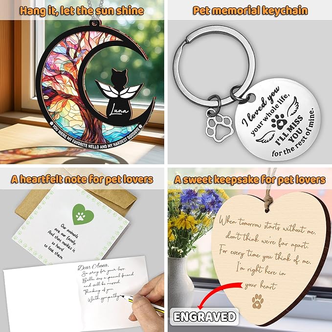 6" Cat Angel Memorial Suncatcher, Engraved Pet Memorial Ornament, Pet Sympathy Keychain, Loss of Animal Sympathy Card, Rainbow Bridge Cat Loss Gift, My Favorite Hello Hardest Goodbye PS191