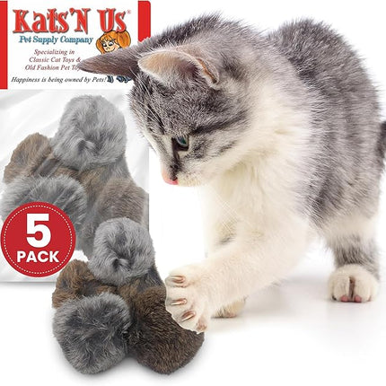 Kats'N Us 2 Inch Real Rabbit Fur Pom Pom Cat Toys – Pack of 5 Soft Gray Furry Balls, Natural Prey-Like Interactive Play, Hunting Instinct Exercise & Training Toys for Indoor Cats